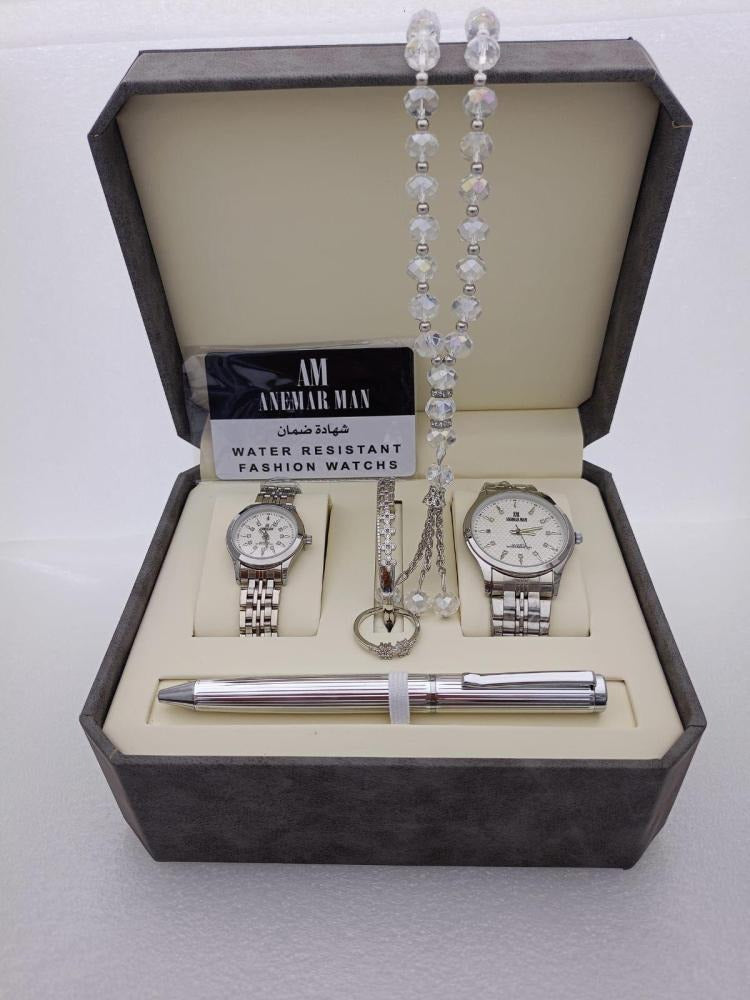 "Men's Stainless Steel Set: Watch, Rosary, Pen & Cufflinks"